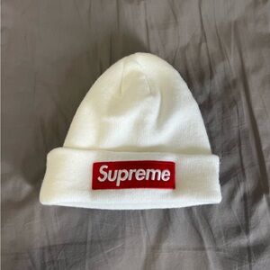 Supreme White Beanie with Red Box Logo